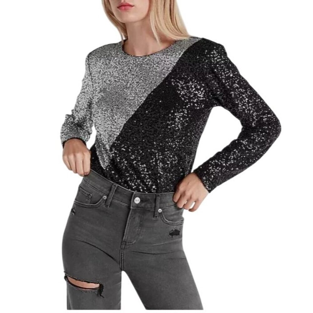Express Sequin‎ Bodysuit Long Sleeve Black Silver Keyhole Back Party Sz XS